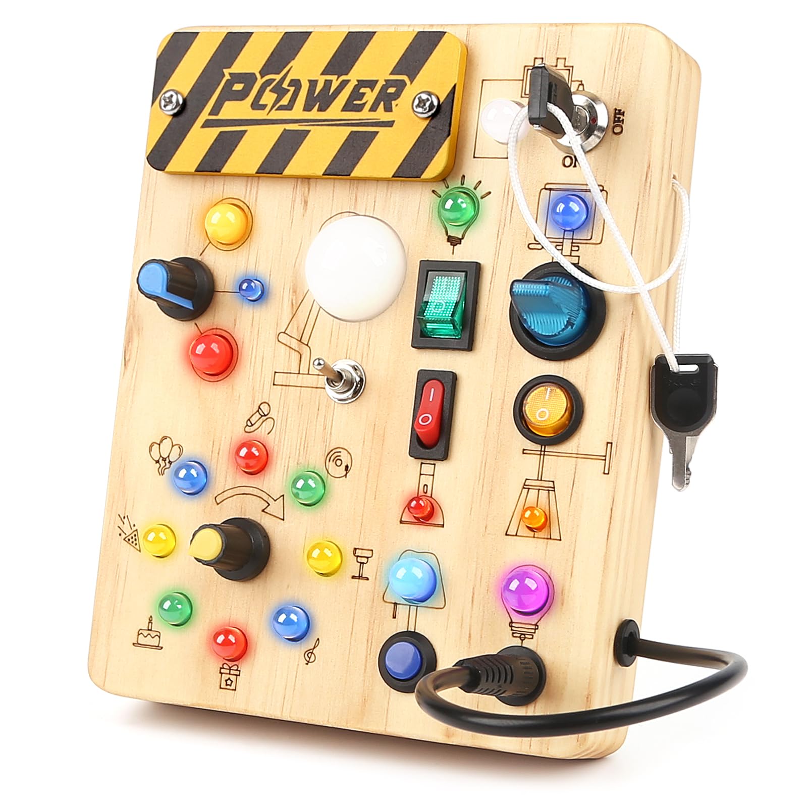 Happysky Montessori Busy Board Wooden Sensory Toys for Toddler with LED Light Up Switch, Baby Fidget Board Travel Toys for 18+ Months, 1 2 3 Year Old Boys Girls Toddler Toy Gifts (Classic)