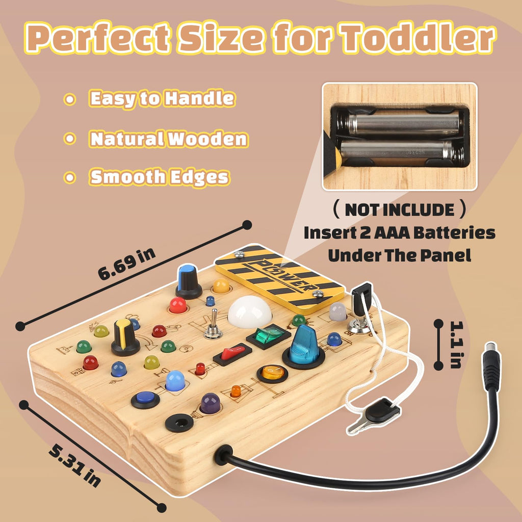Happysky Montessori Busy Board Wooden Sensory Toys for Toddler with LED Light Up Switch, Baby Fidget Board Travel Toys for 18+ Months, 1 2 3 Year Old Boys Girls Toddler Toy Gifts (Classic)