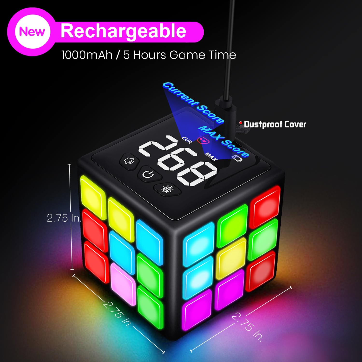 Happysky Rechargeable Game Handheld Cube - 15 Fun Brain & Memory Game with Score Screen - Christmas Easter Birthday Gifts for Boys Girls Ages 6-12+ Years Old - Toy Gift Idea for Kids Teens (Black)
