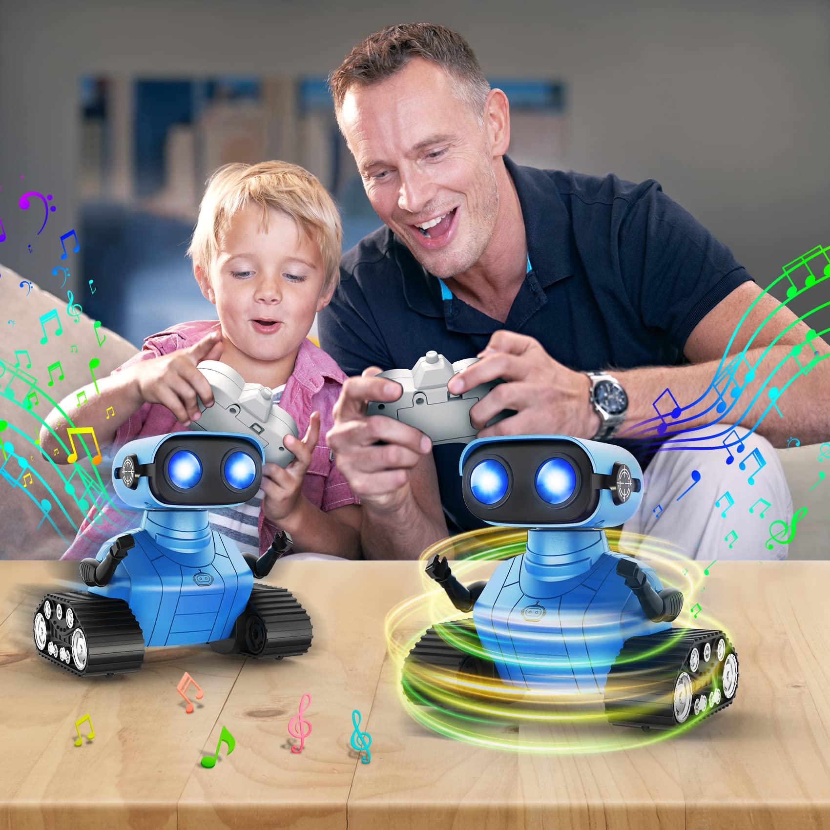 Happysky Robot Toys for Boys Girls, Rechargeable Remote Control Emo Robots with Auto-Demonstration, Flexible Head & Arms, Dance Moves, Music, Shining LED Eyes for 5+ Years Old Kids