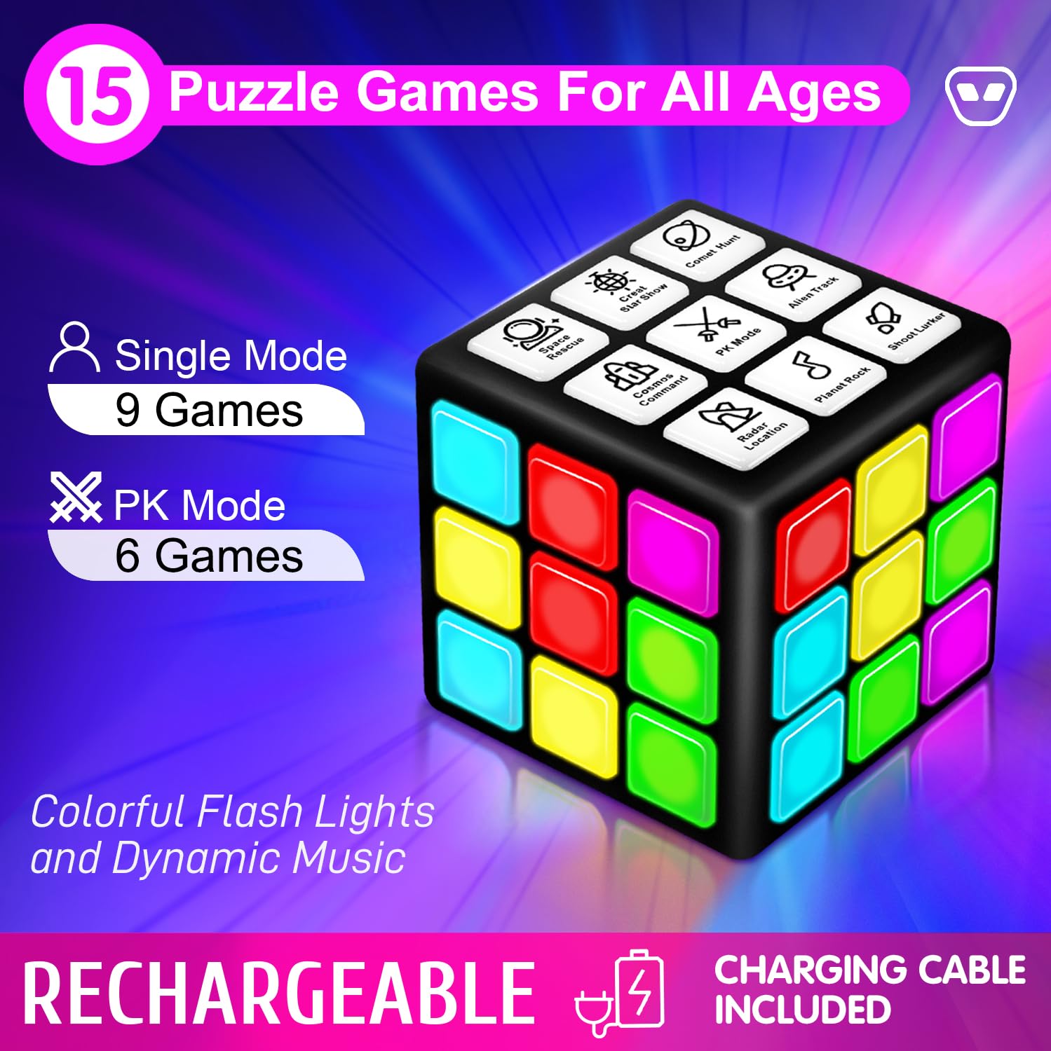 Happysky Rechargeable Game Handheld Cube - 15 Fun Brain & Memory Game with Score Screen - Christmas Easter Birthday Gifts for Boys Girls Ages 6-12+ Years Old - Toy Gift Idea for Kids Teens (Black)