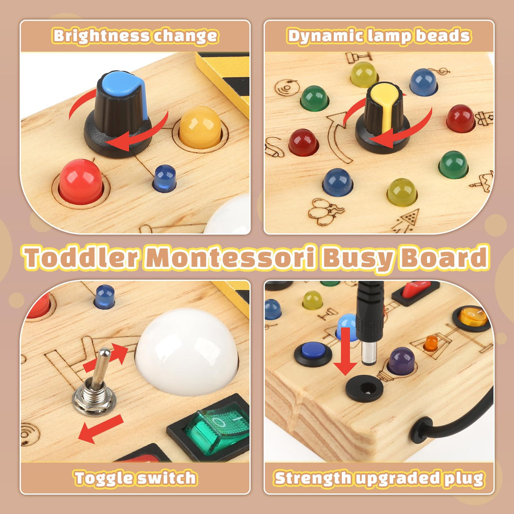 Happysky Montessori Busy Board Wooden Sensory Toys for Toddler with LED Light Up Switch, Baby Fidget Board Travel Toys for 18+ Months, 1 2 3 Year Old Boys Girls Toddler Toy Gifts (Classic)