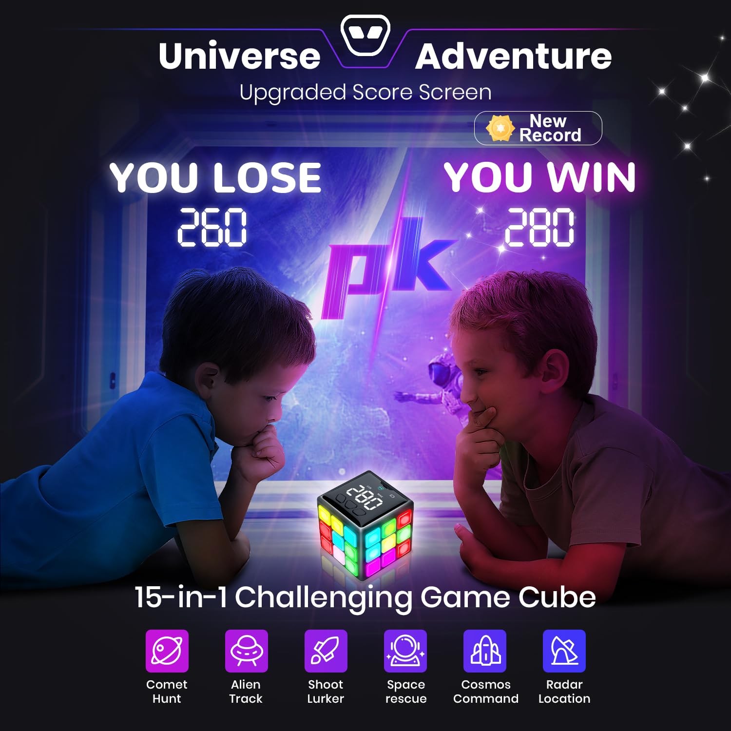 Happysky Rechargeable Game Handheld Cube - 15 Fun Brain & Memory Game with Score Screen - Christmas Easter Birthday Gifts for Boys Girls Ages 6-12+ Years Old - Toy Gift Idea for Kids Teens (Black)