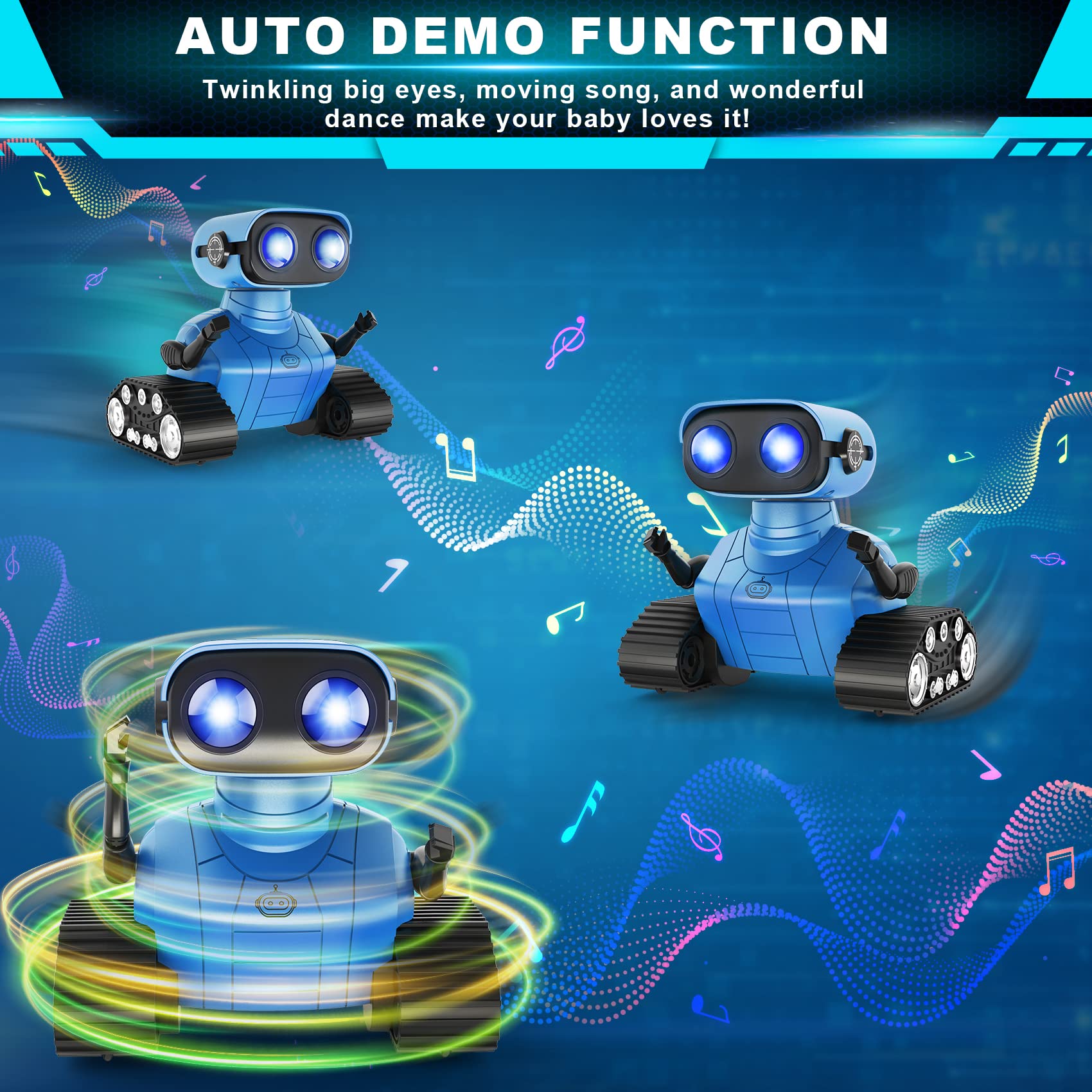 Happysky Robot Toys for Boys Girls, Rechargeable Remote Control Emo Robots with Auto-Demonstration, Flexible Head & Arms, Dance Moves, Music, Shining LED Eyes for 5+ Years Old Kids