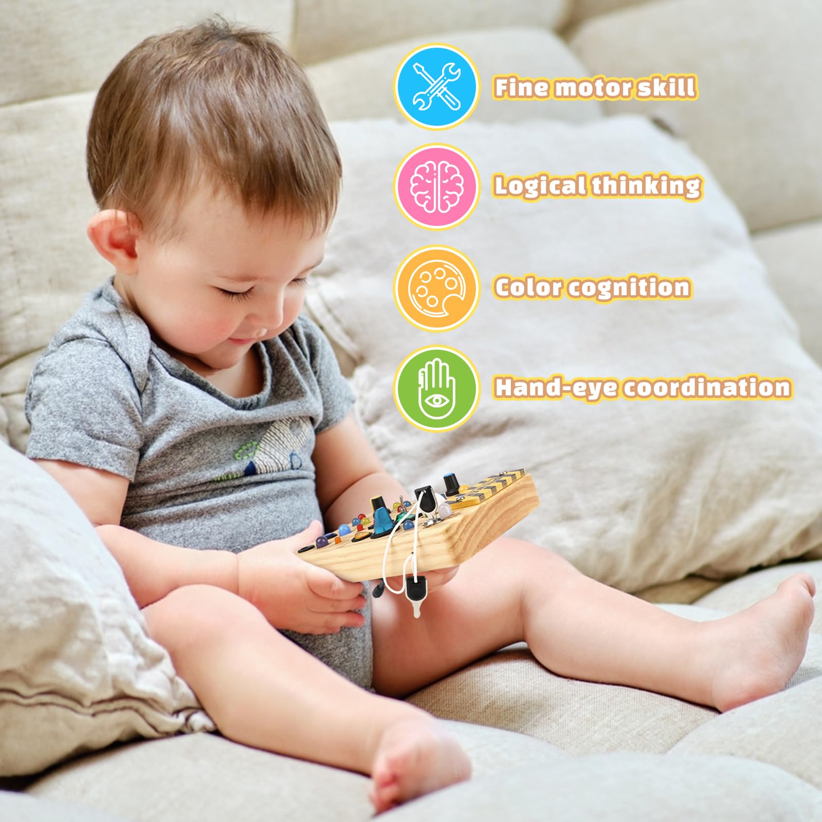 Happysky Montessori Busy Board Wooden Sensory Toys for Toddler with LED Light Up Switch, Baby Fidget Board Travel Toys for 18+ Months, 1 2 3 Year Old Boys Girls Toddler Toy Gifts (Classic)