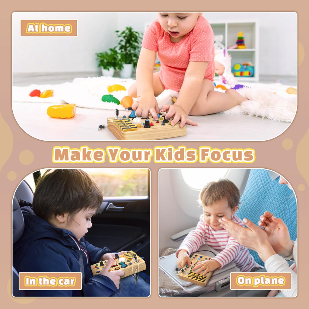 Happysky Montessori Busy Board Wooden Sensory Toys for Toddler with LED Light Up Switch, Baby Fidget Board Travel Toys for 18+ Months, 1 2 3 Year Old Boys Girls Toddler Toy Gifts (Classic)